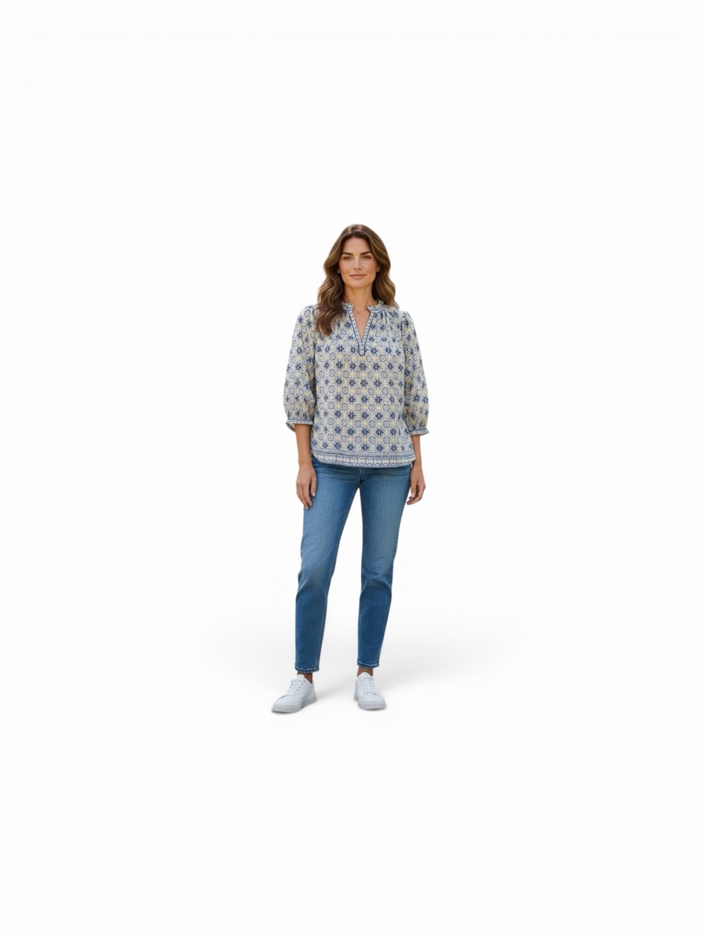Max Studio Blue Cream Floral Border-Print Peasant Top